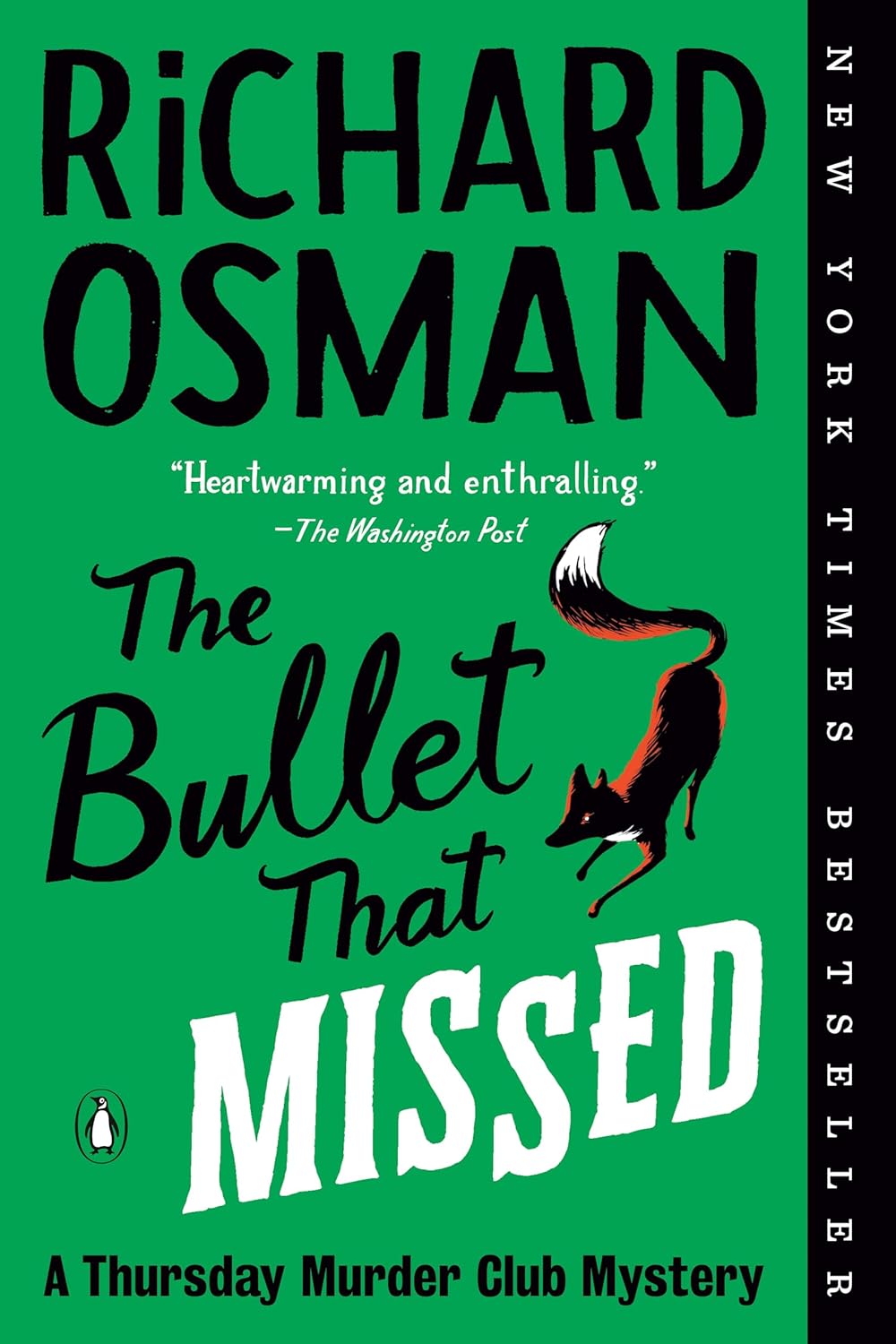 Book cover of 'The Bullet That Missed' by Richard Osman with a green background and fox illustration.
