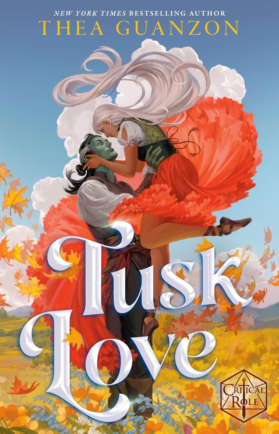 Book cover of 'Tusk Love' by Thea Guanzon with a fantasy illustration of two characters in an embrace.