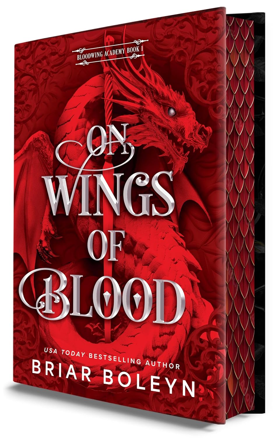 Book cover of 'On Wings of Blood' with a red dragon design on a white background