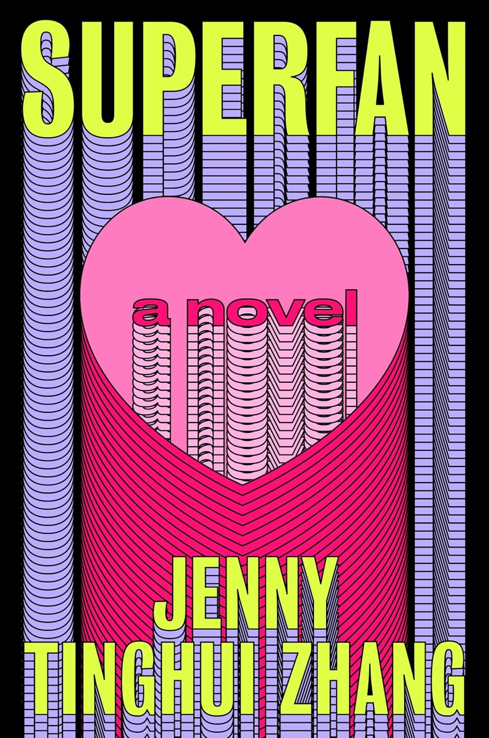 Book cover of 'Superfan' by Jenny Tinghui Zhang with a pink heart and purple vertical lines.