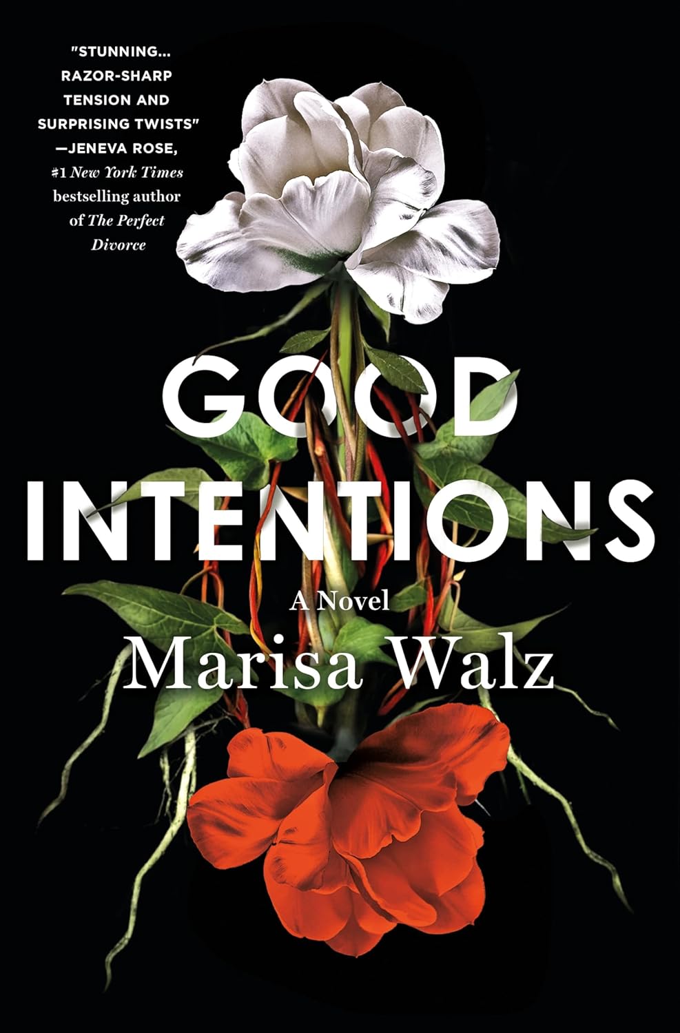 Book cover of 'Good Intentions' with flowers on a black background