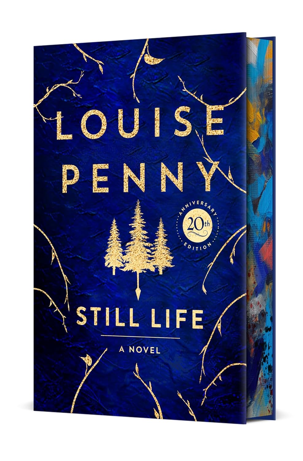 Book cover of 'Still Life' by Louise Penny with gold text and tree design on a blue background