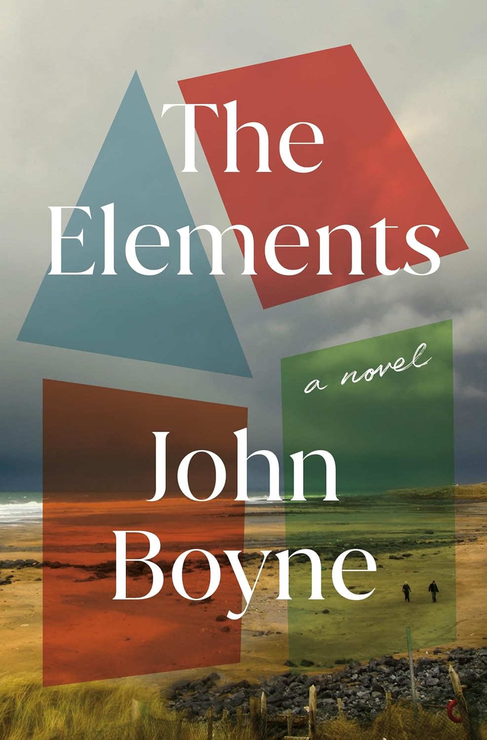 Book cover of 'The Elements' by John Boyne with geometric shapes and a landscape.