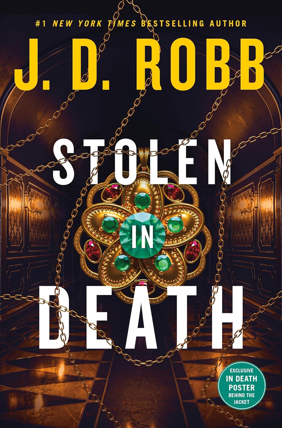 Book cover of 'Stolen in Death' by J.D. Robb with a decorative gemstone pendant and chains.