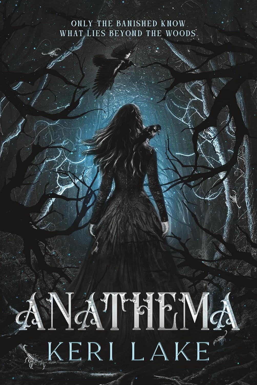 Book cover of 'Anathema' by Keri Lake featuring a silhouette in a dark forest with a raven.
