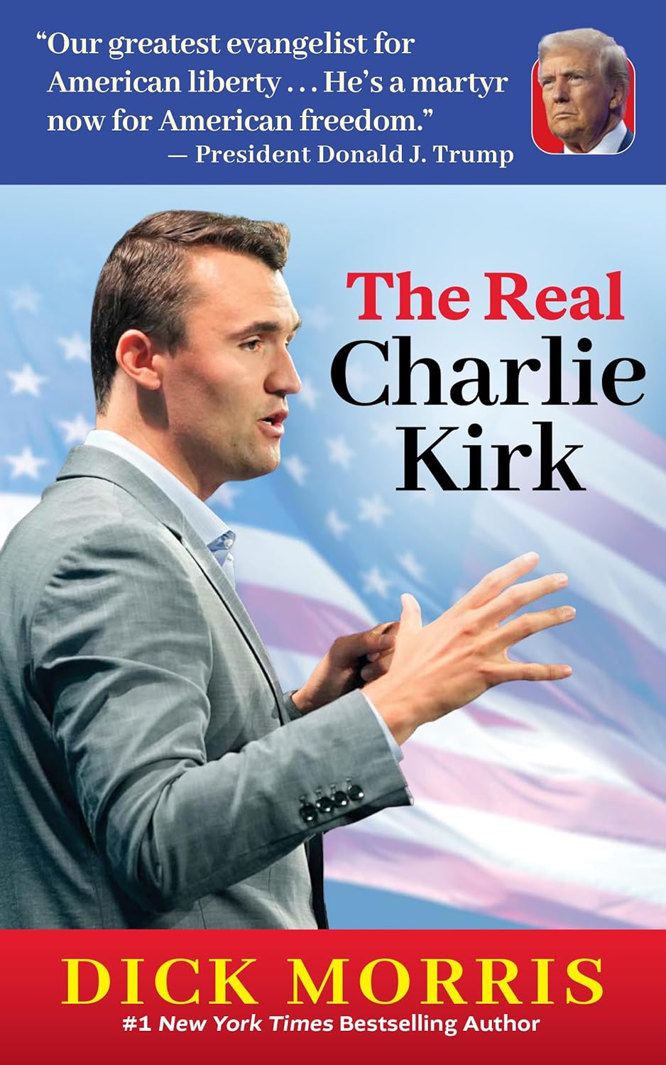 Book cover of 'The Real Charlie Kirk' with a man speaking and an American flag in the background.