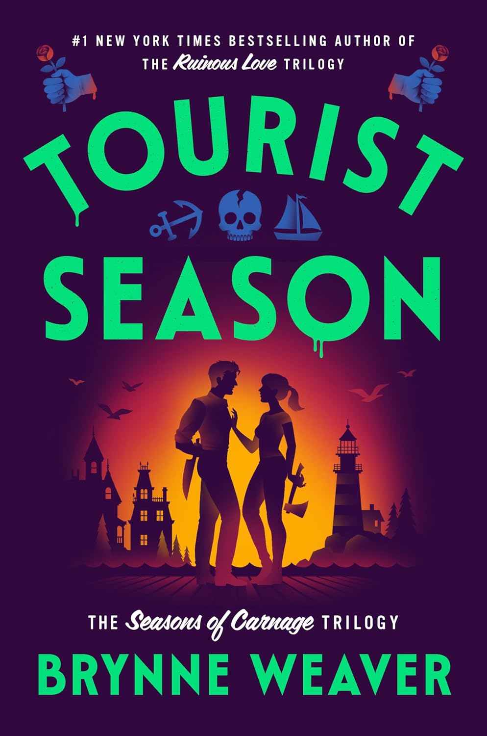 Book cover of 'Tourist Season' by Brynne Weaver with a silhouette of a man and woman, a lighthouse, and buildings on a dark background.
