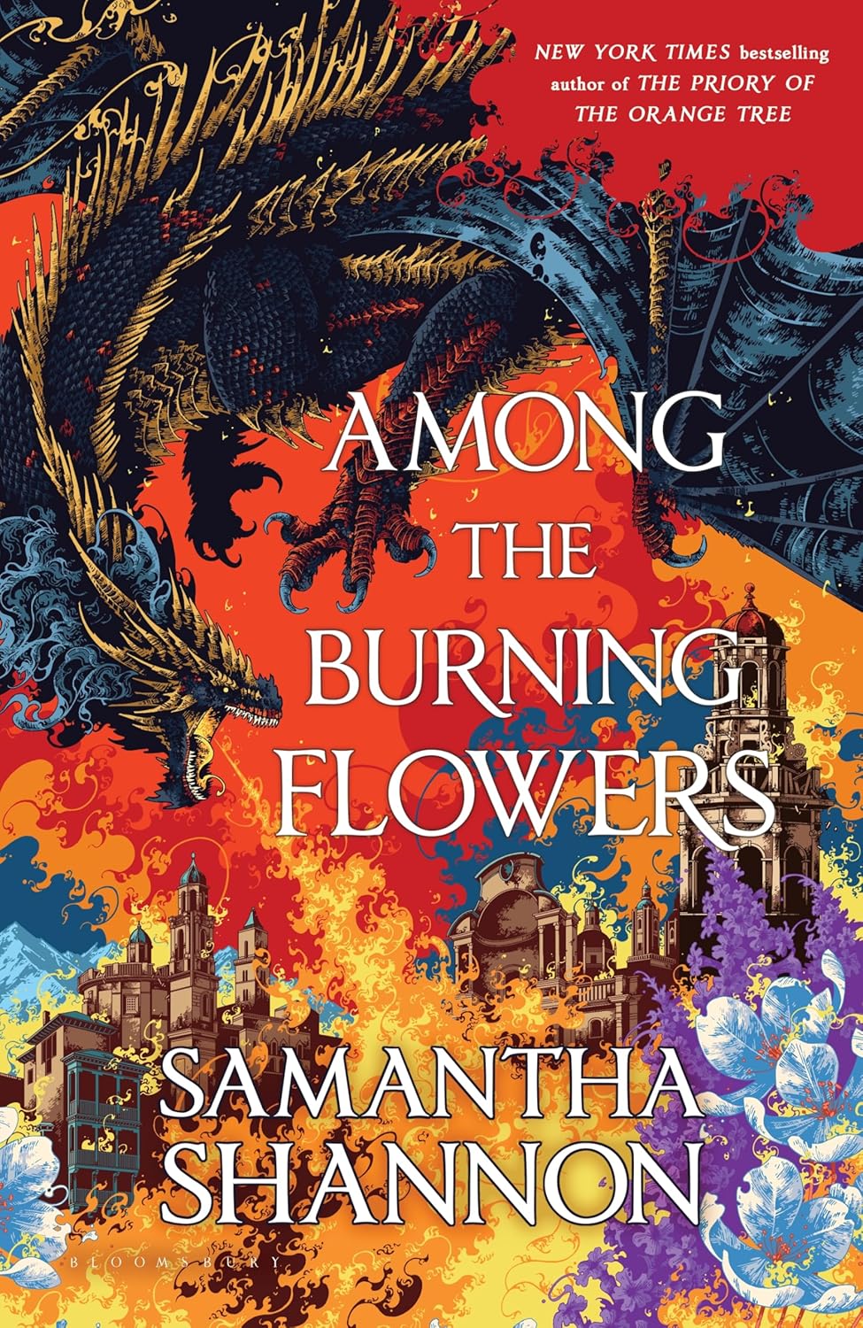 Book cover of 'Among the Burning Flowers' with dragons and architectural elements.