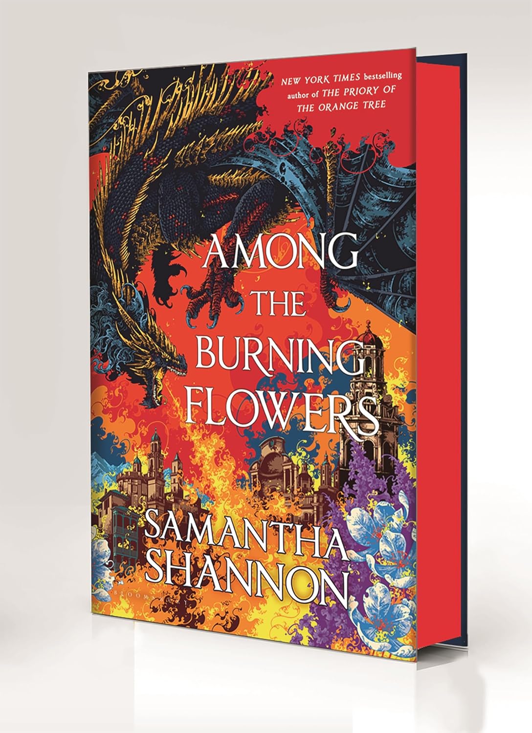 Book cover of 'Among the Burning Flowers' by Samantha Shannon with vibrant colors and dragon illustration.