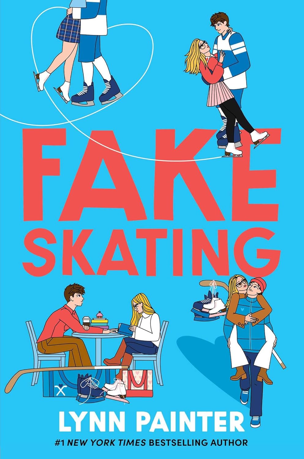 Book cover of 'Fake Skating' with illustrations of characters and text on a blue background