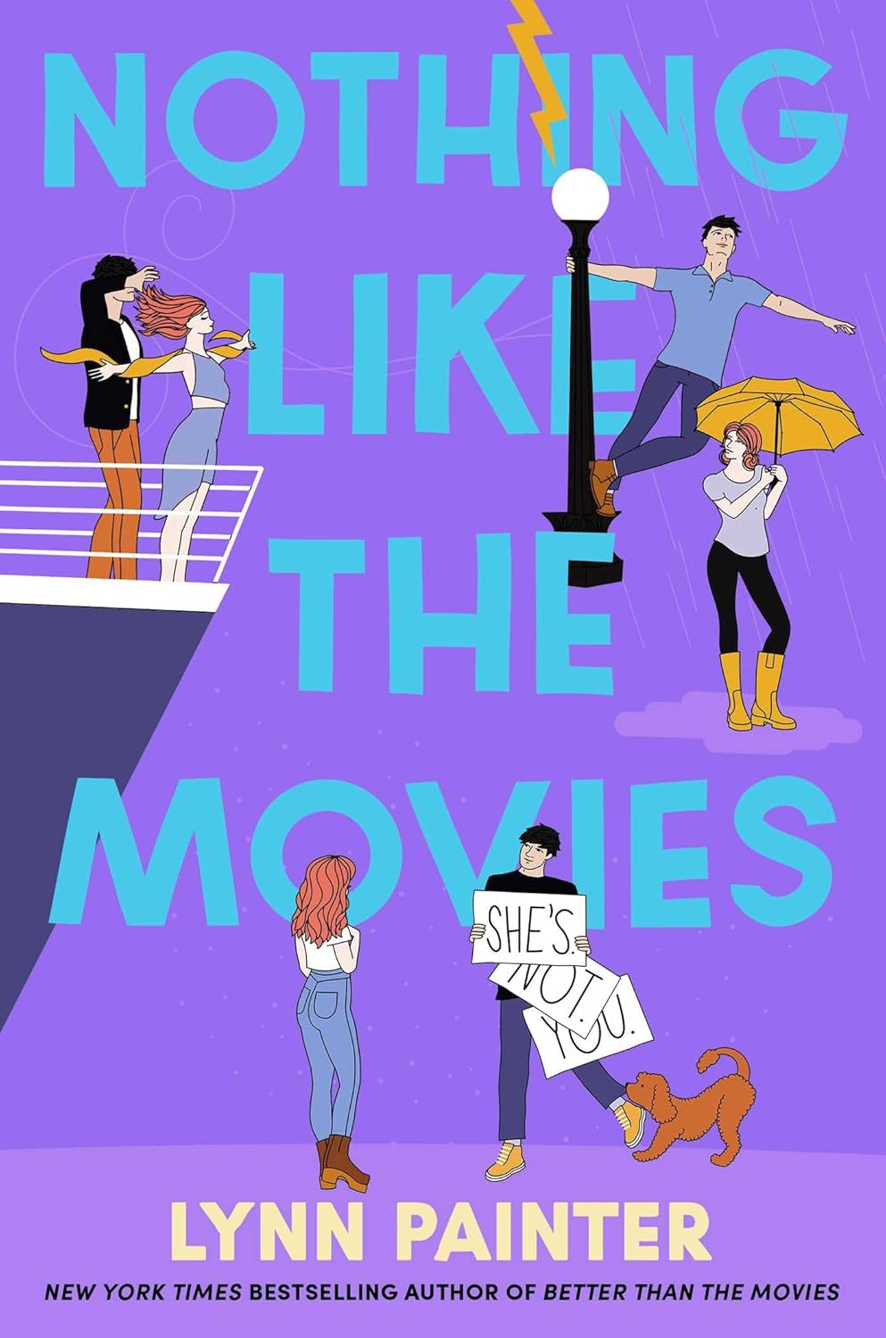 Book cover of 'Nothing Like the Movies' by Lynn Painter with illustrated characters on a purple background.