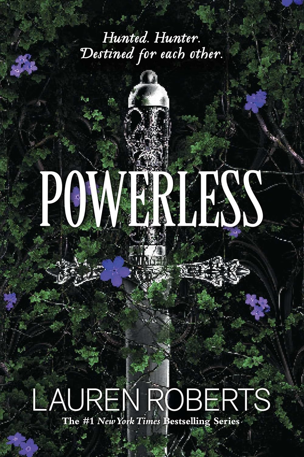 Book cover of 'Powerless' with a sword and foliage design.