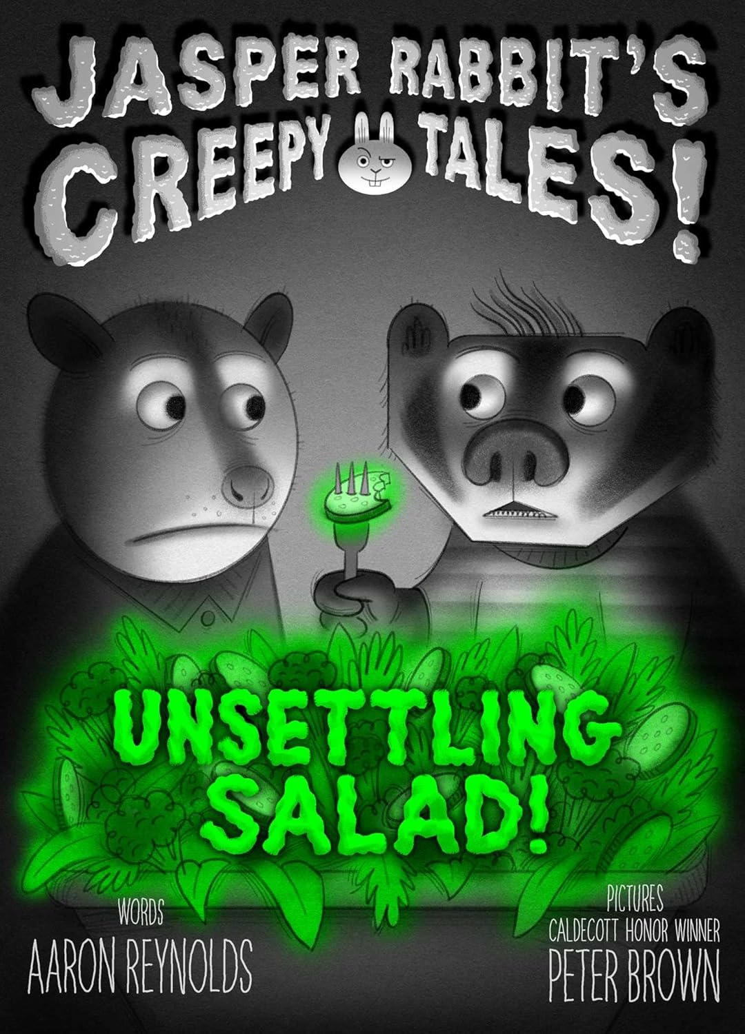Book cover of 'Jasper Rabbit's Creepy Tales! Unsettling Salad!' with two cartoon characters and green text.