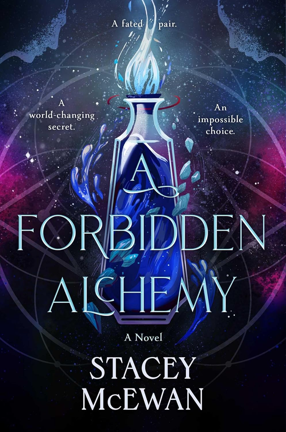 Book cover of 'A Forbidden Alchemy' by Stacey McEwan with a mystical bottle design.