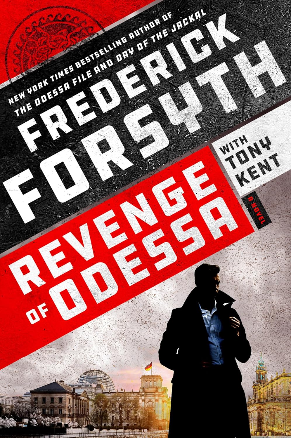 Book cover of 'Revenge of Odessa' by Frederick Forsyth with a silhouette of a person against a cityscape.