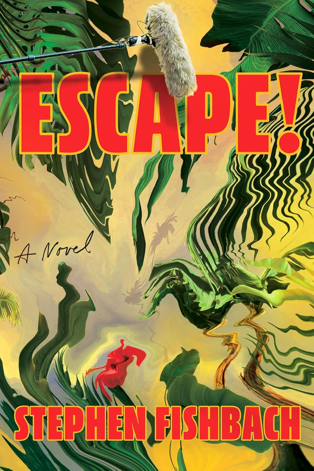 Book cover of 'Escape!' by Stephen Fishbach with a jungle scene and microphone.