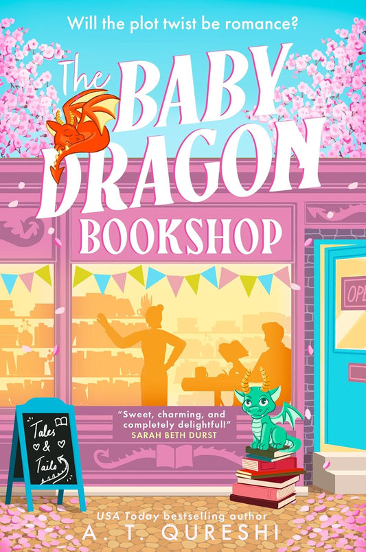 Book cover of 'The Baby Dragon Bookshop' with a dragon and bookshop illustration.
