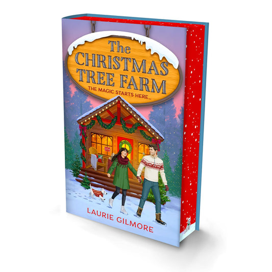 Book cover of 'The Christmas Tree Farm' by Laurie Gilmore with a snowy scene and couple illustration.