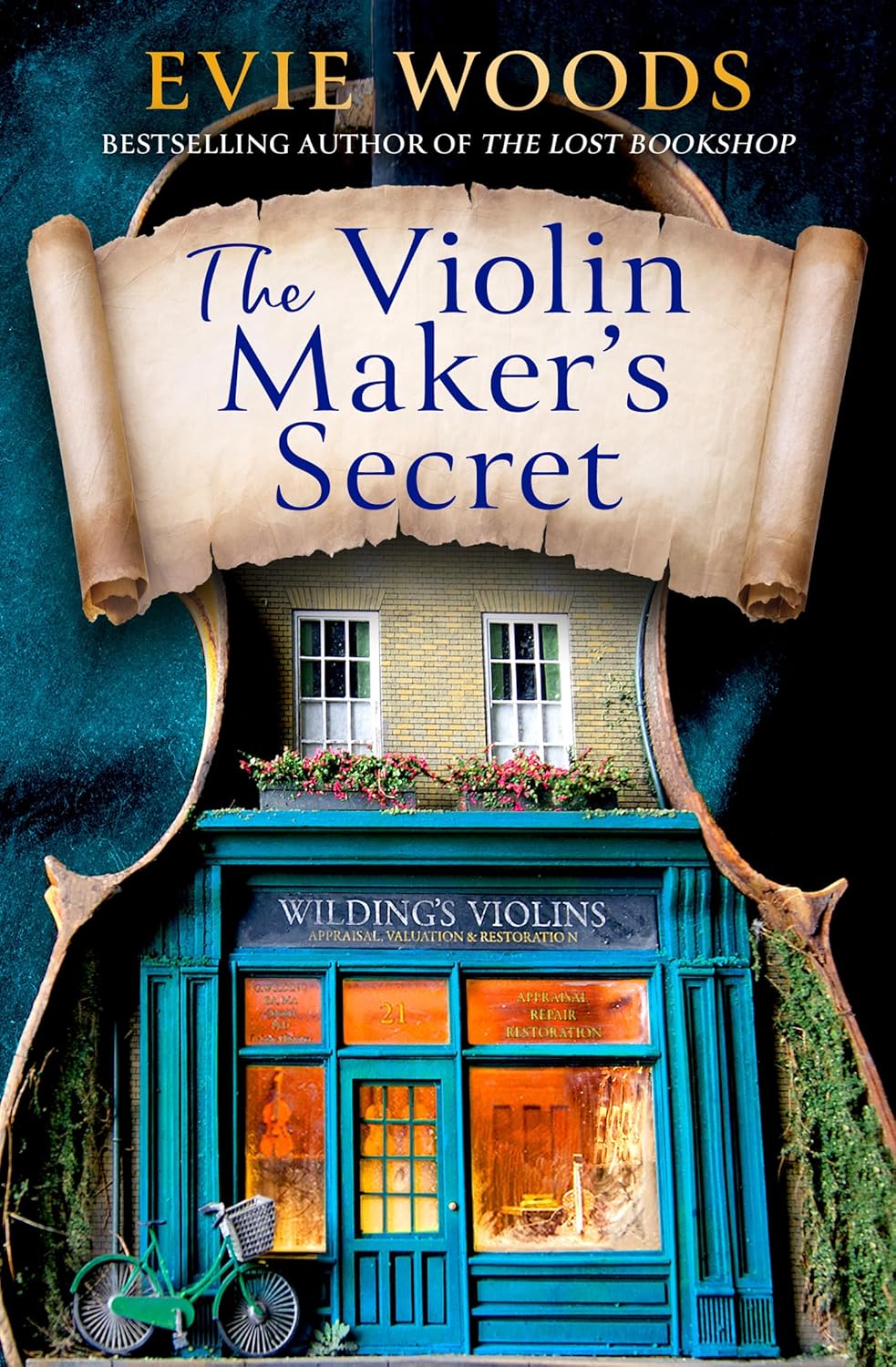 Book cover of 'The Violin Maker's Secret' by Evie Woods with a storefront illustration.