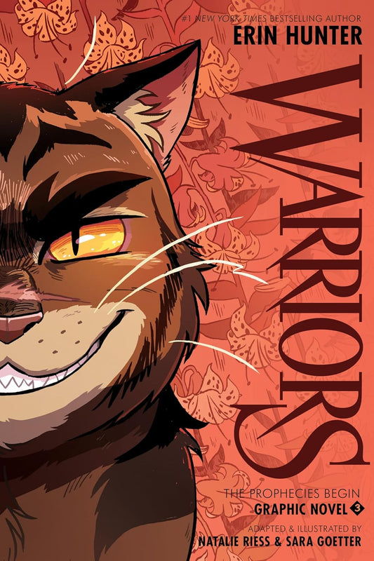 Book cover of 'Warriors' graphic novel with a stylized cat's face and fiery background.