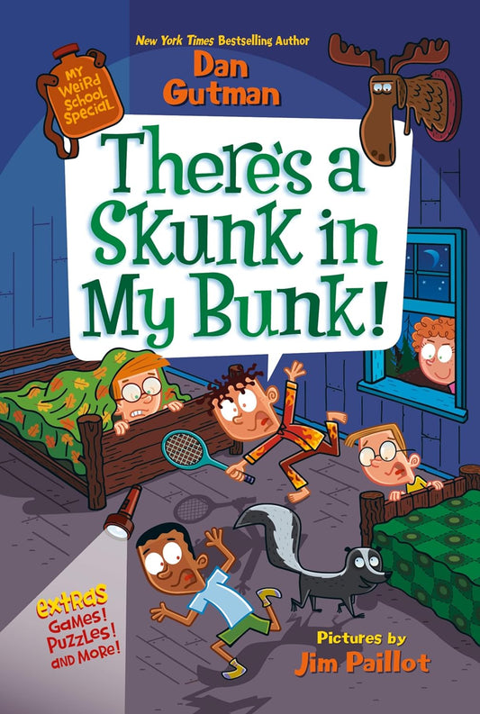Book cover of 'There's a Skunk in My Bunk!' featuring cartoon illustrations of children and a skunk in a bedroom setting at night.