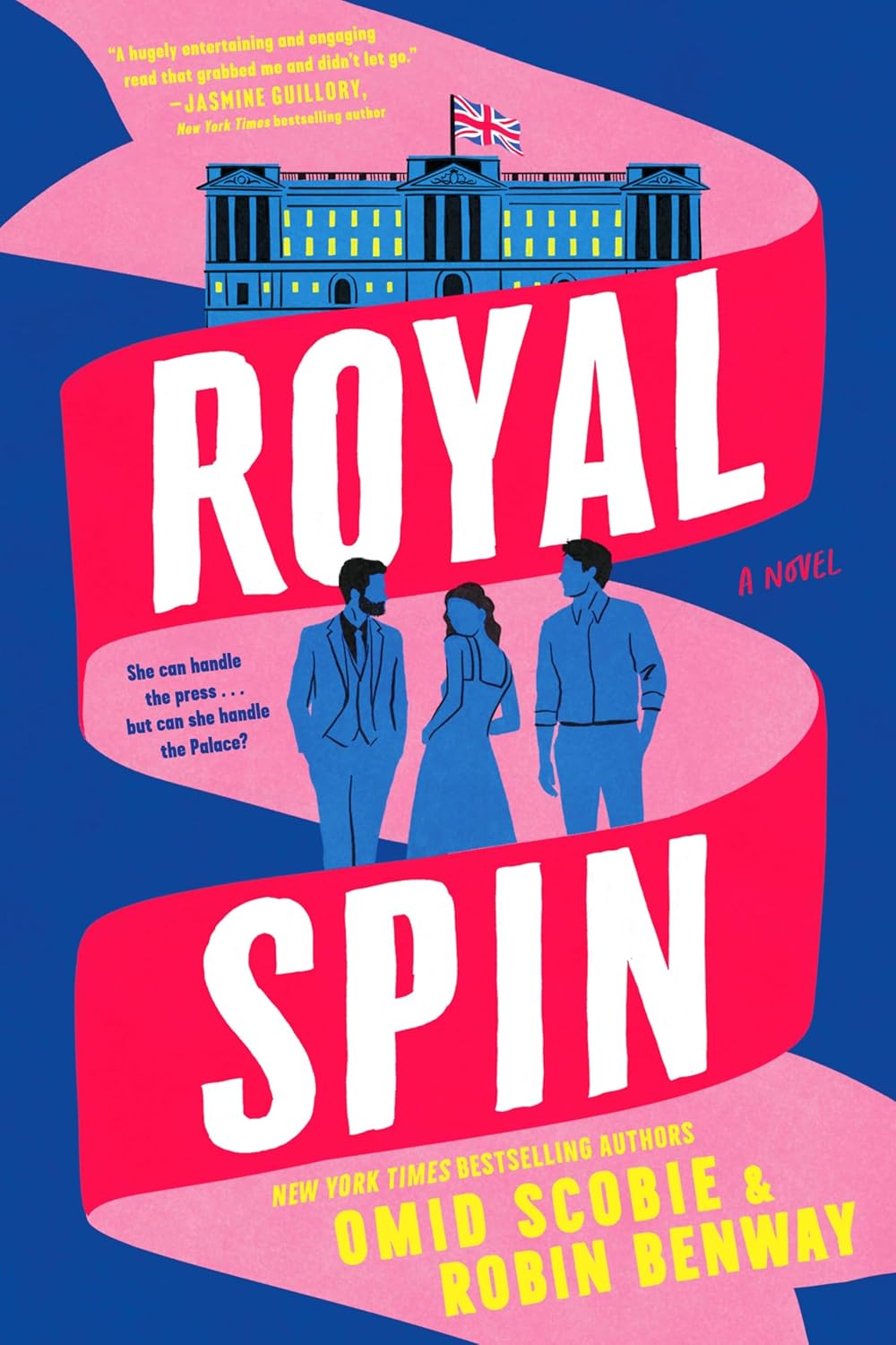 Book cover of 'Royal Spin' with a pink ribbon, people, and a building on a blue background