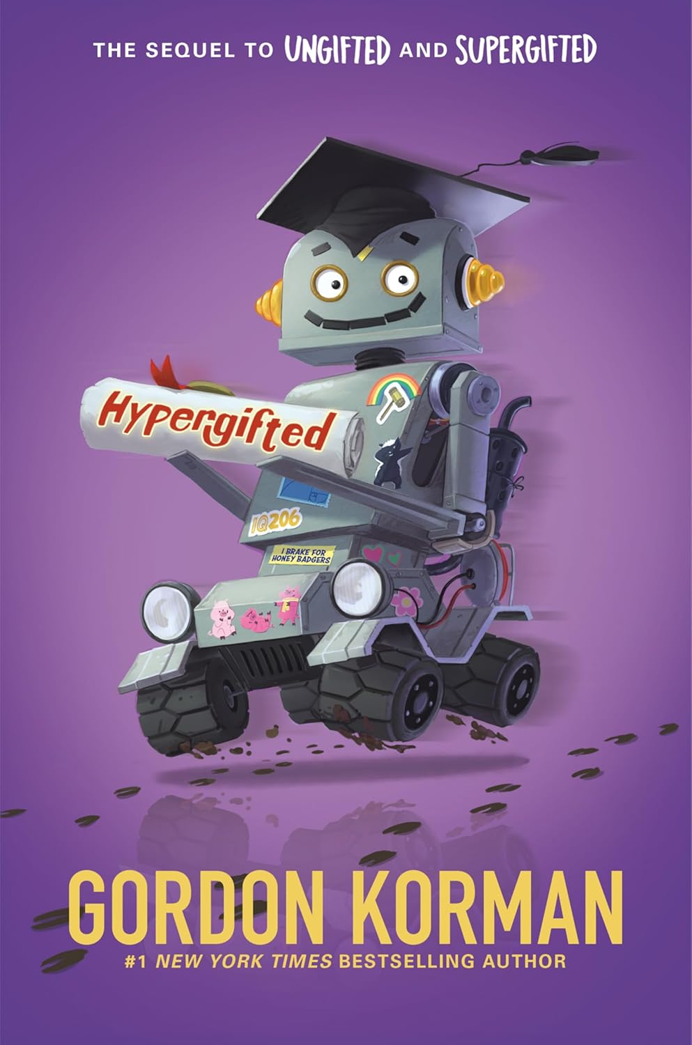 Book cover of 'Hypergifted' by Gordon Korman featuring a robot character on a purple background.