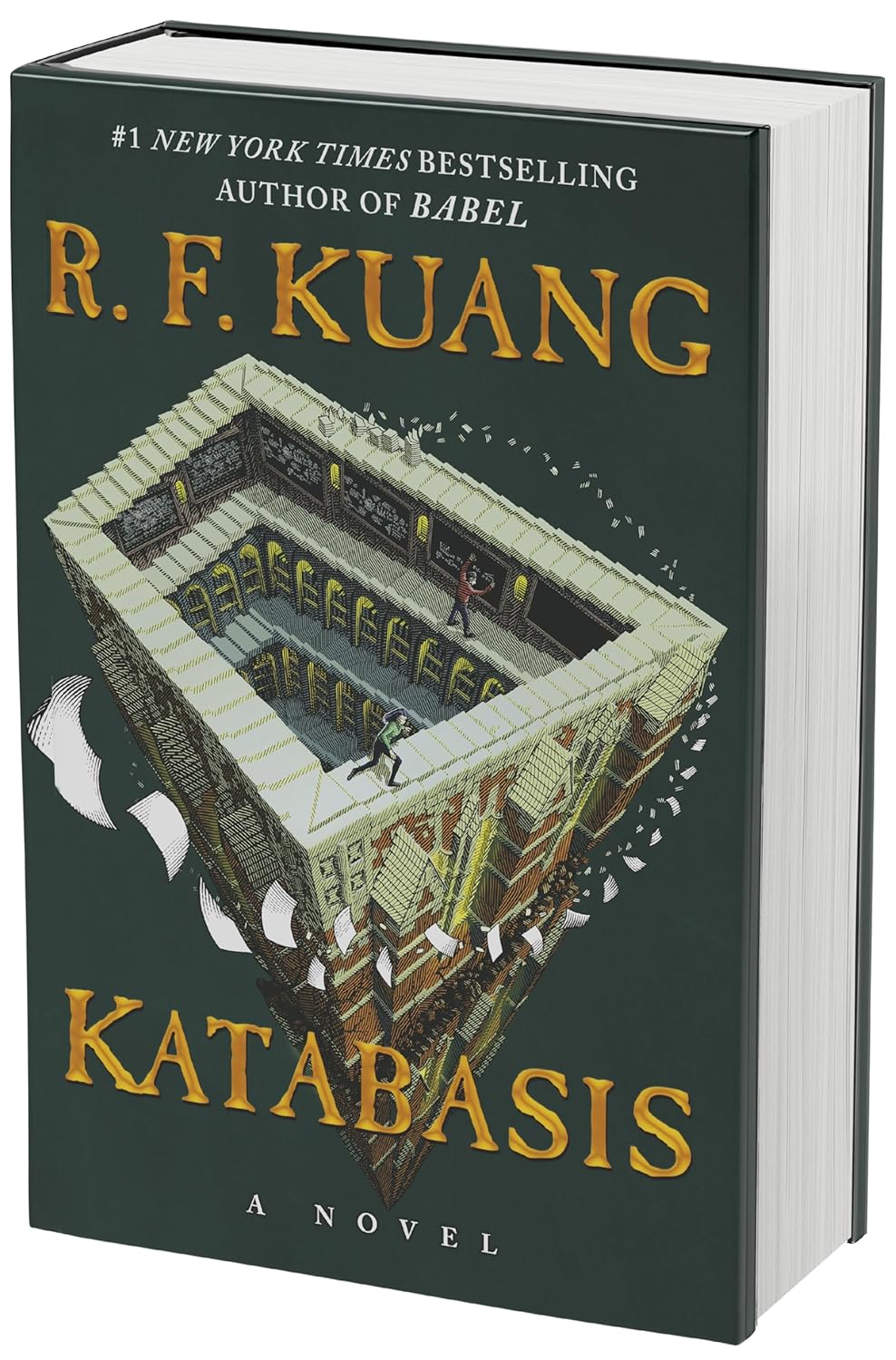 Book cover of 'Katabasis' by R. F. Kuang with a green background and architectural illustration.