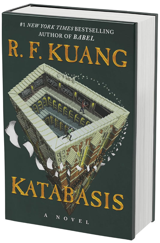 Book cover of 'Katabasis' by R. F. Kuang with a green background and architectural illustration.