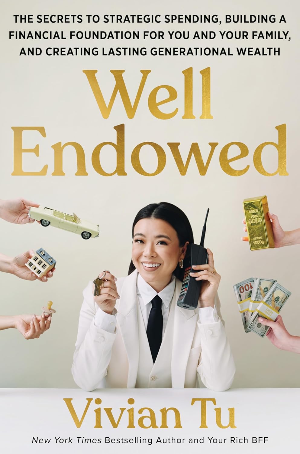 Book cover of 'Well Endowed' by Vivian Tu with a woman holding money and a car, and hands holding money and a phone.