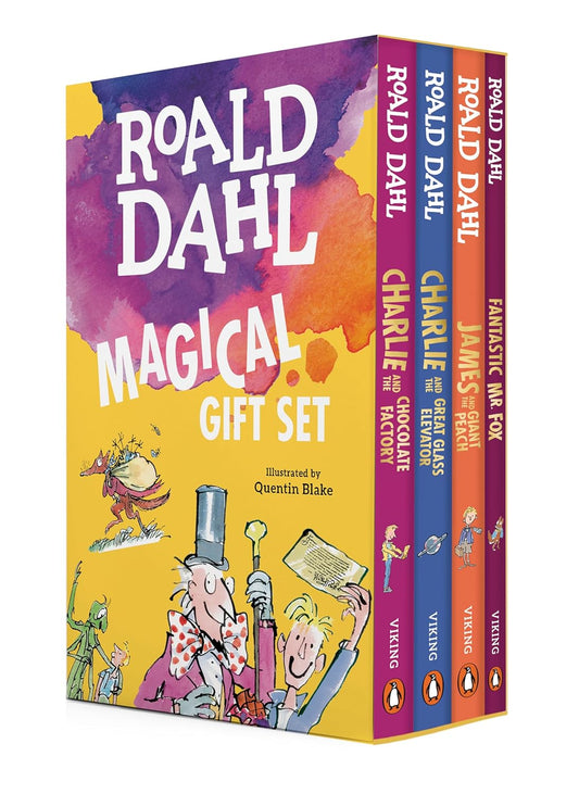 Roald Dahl book set with colorful cover and character illustrations on a white background