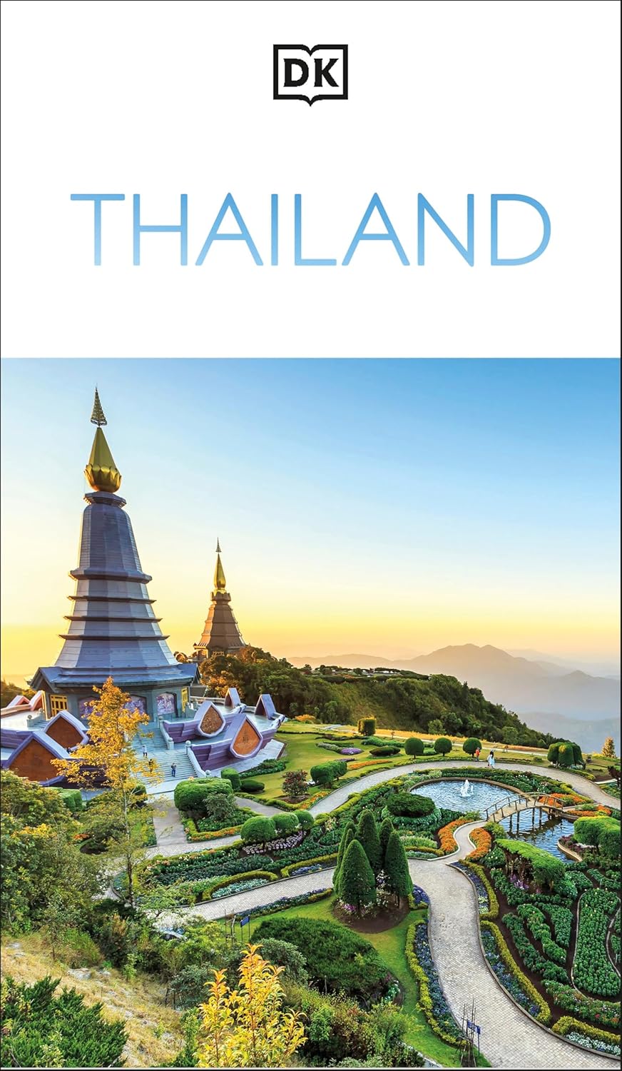 DK Thailand travel guidebook cover with a scenic view of a temple and garden.