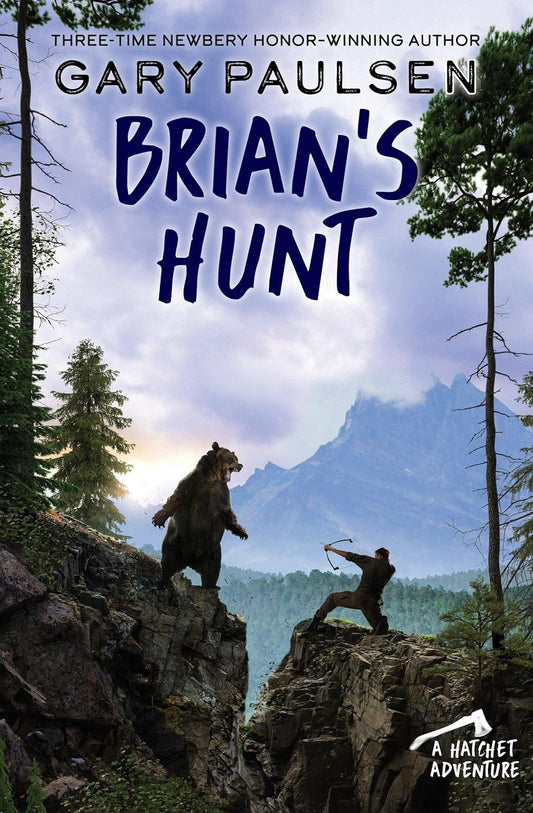 Book cover of 'Brian's Hunt' by Gary Paulsen with a bear and person on a mountain cliff.