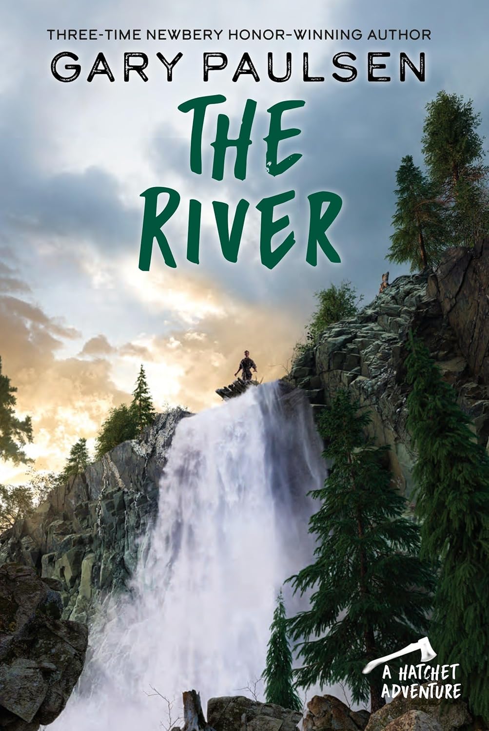 Book cover of 'The River' by Gary Paulsen with a waterfall and forest scene.
