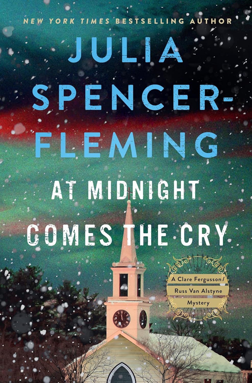 Book cover of 'At Midnight Comes the Cry' by Julia Spencer-Fleming with a church and snowy night background.