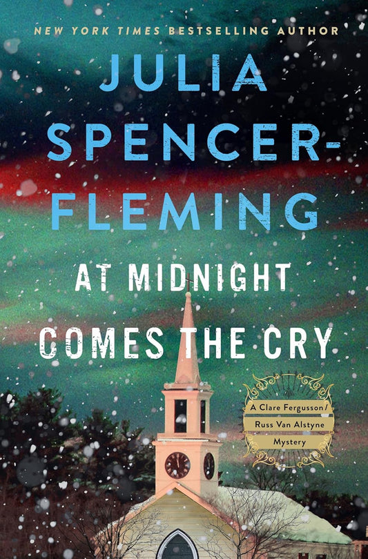 Book cover of 'At Midnight Comes the Cry' by Julia Spencer-Fleming with a church and snowy night background.