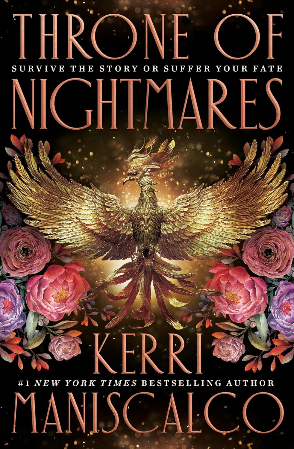 Book cover of 'Throne of Nightmares' with a phoenix and flowers