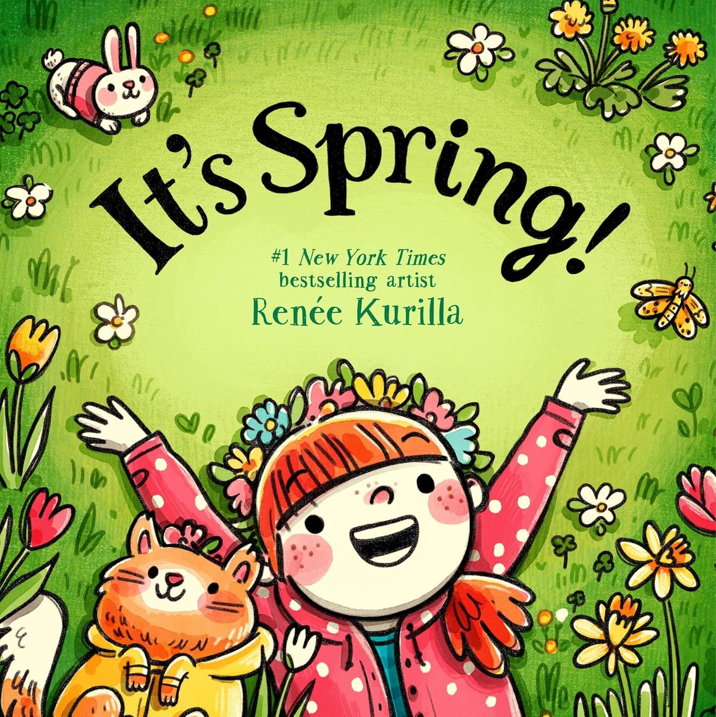 Book cover of 'It's Spring!' with a child and animal character on a green background with flowers and butterflies.
