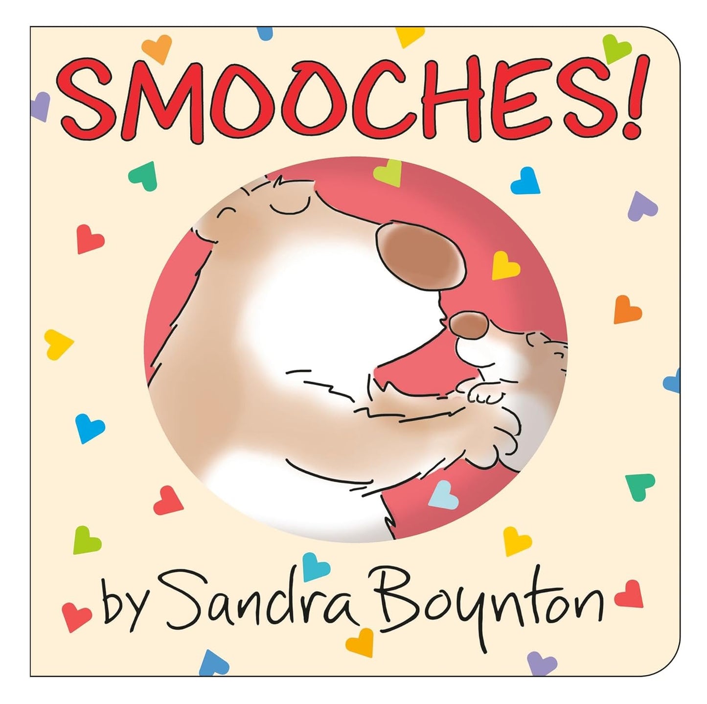 Book cover of 'Smooches!' by Sandra Boynton with a cartoon cat and colorful hearts.