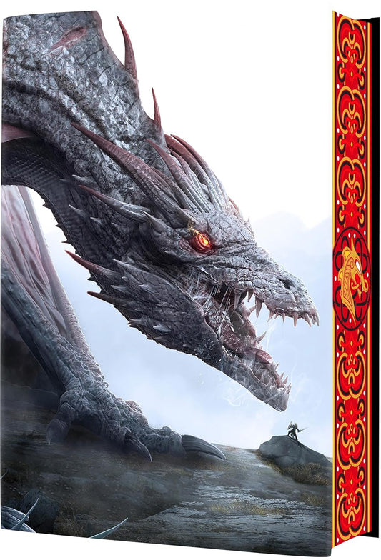 Dragon head with a person on a rock and a decorative vertical panel on the right