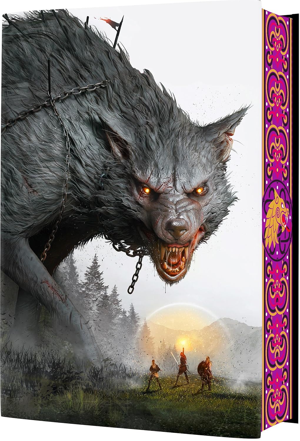 Monster with glowing eyes and chains in a fantasy setting with people and a sunset.