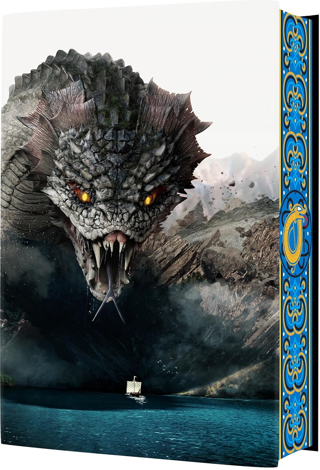 Book cover with a dragon and ship design on a mountainous background