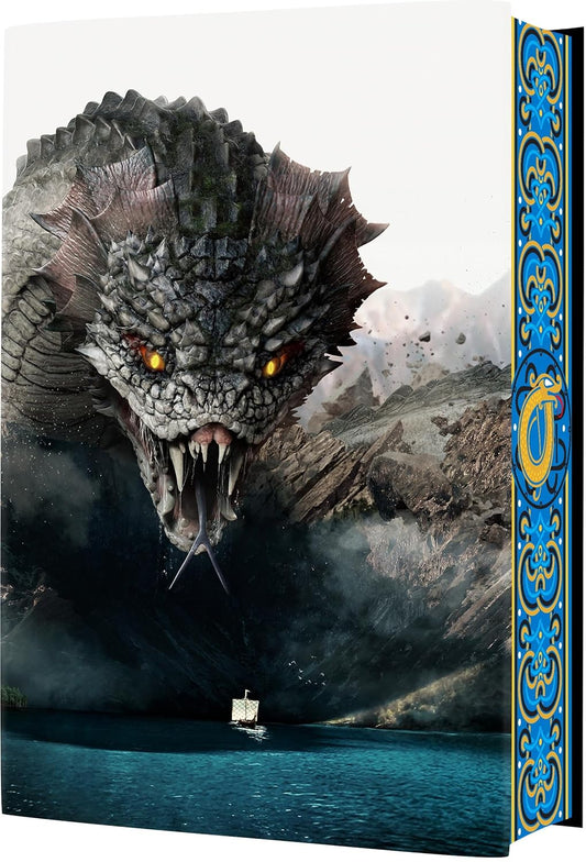 Book cover with a dragon and ship design on a mountainous background