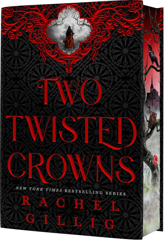 Book cover of 'Two Twisted Crowns' by Rachel Gillig with red text on a black background