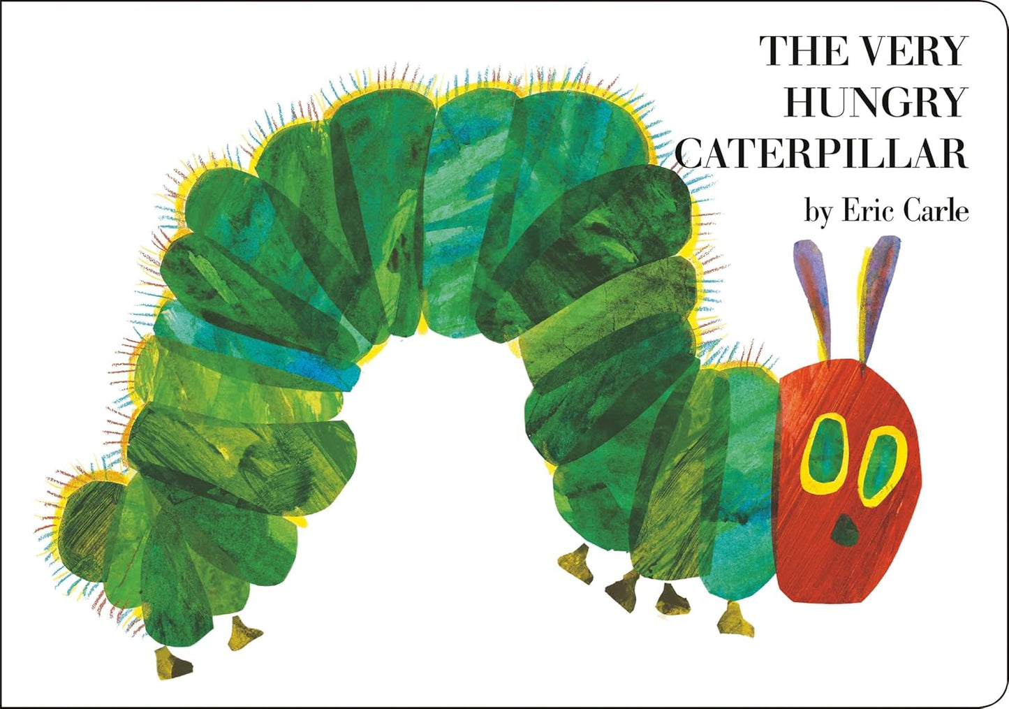Book cover of 'The Very Hungry Caterpillar' with a green caterpillar character.