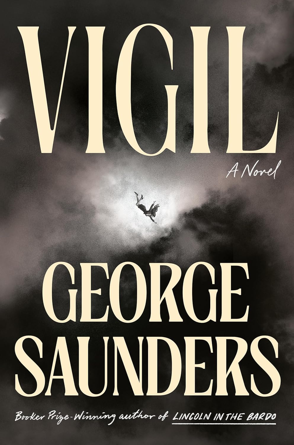 Book cover of 'Vigil' by George Saunders with a dark background and silhouette.