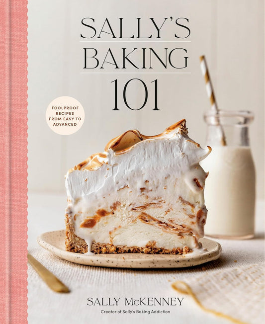 Book cover of 'Sally's Baking 101' with a slice of pie and a glass of milk.