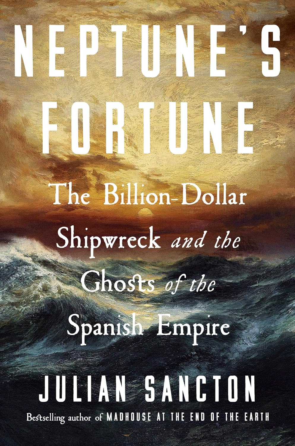 Book cover of 'Neptune's Fortune' with ocean waves and sunset.