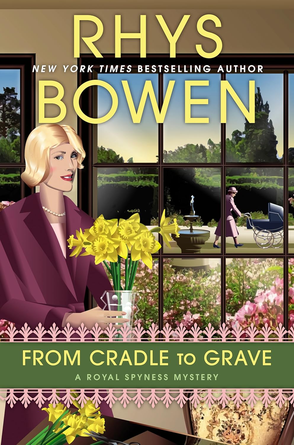 Book cover of 'From Cradle to Grave' by Rhys Bowen with a woman holding flowers and a window view.