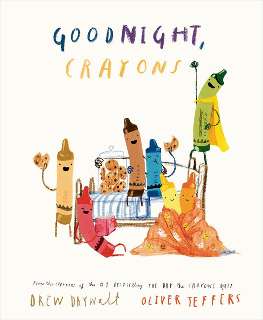 Book cover of 'Goodnight, Crayons' with colorful crayon characters around a bed.